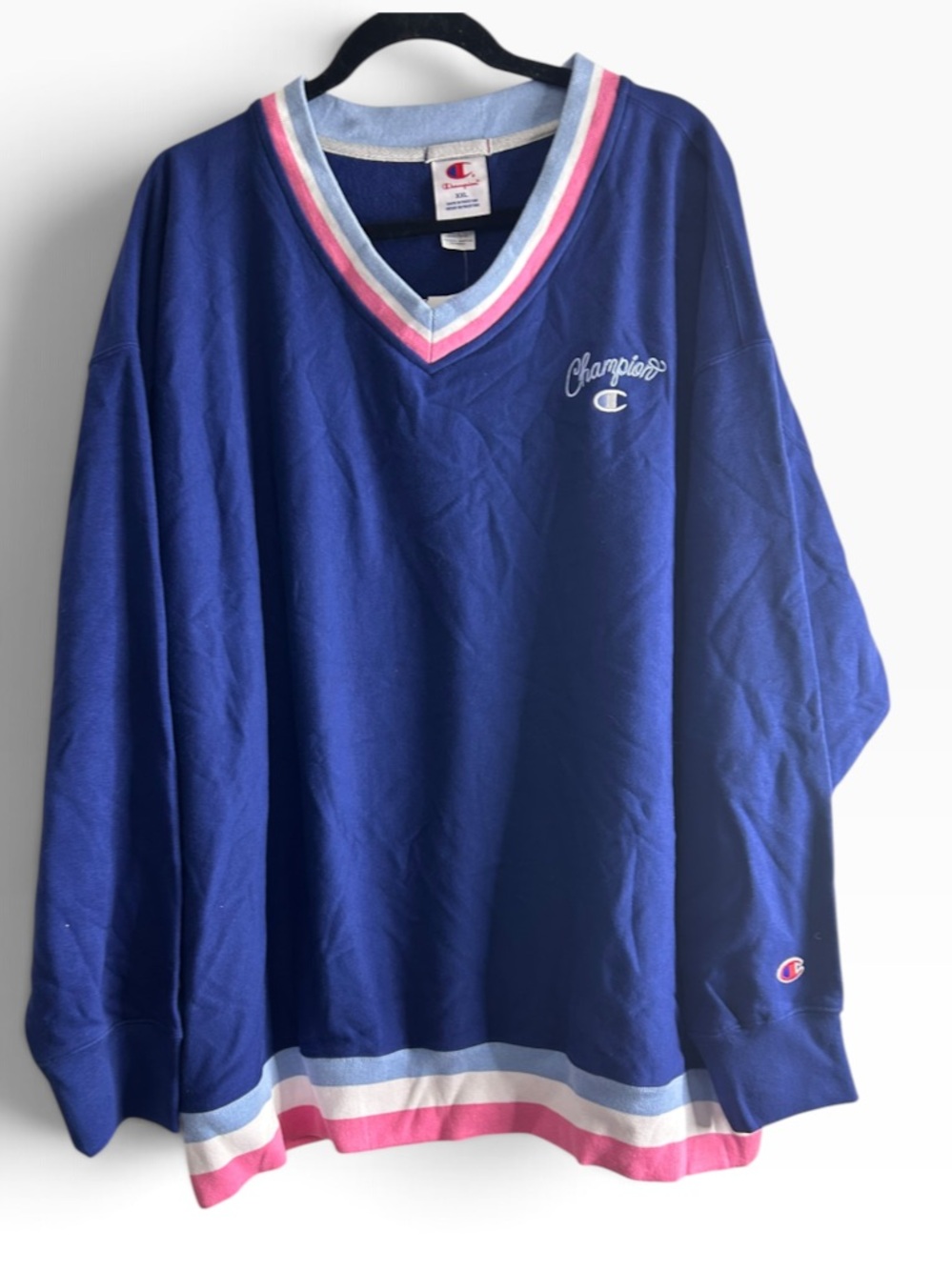 Champion Women’s ' V-Neck Hockey Pullover Blue with Pink & White Trim Oversized